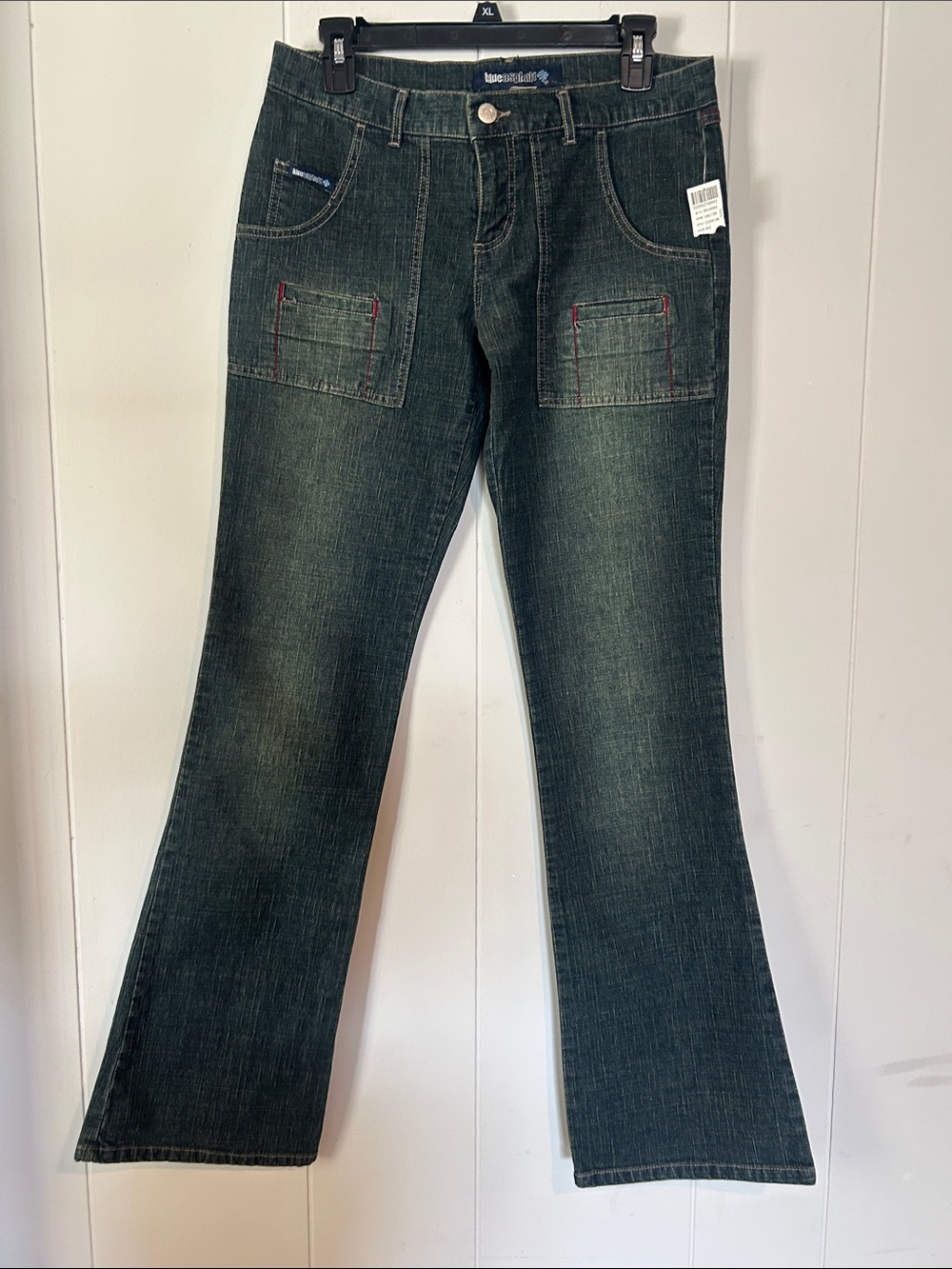 Y2K Blue Asphalt Dark Green Flare Jeans with Front Patch Pockets